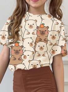 SHEIN Leap Crew Set de 2 piezas de camiseta de manga corta holgada y pantalones acampanados con estampado de animal de dibujos animados de capibara lindo para niñas preadolescentes, para verano - Multicolor - Ver 3