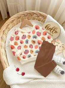 SHEIN Happikins 杏仁色可爱花卉蝴蝶结小南瓜图案秋日女婴休闲柔软加厚圆领长袖卫衣和打底裤套装，适合秋冬季节，舒适透气，适合女婴秋季叠穿，时尚百搭，休闲装扮，女婴图案服装，秋季服装，适合外出、野餐、居家、农场、万圣节等场合。