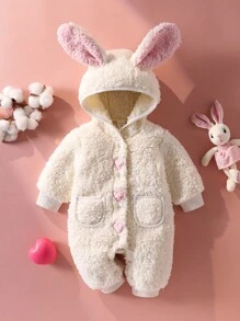 SHEIN 新生儿兔耳毛绒连体衣、长袖和裤子连体衣 - 白色 - 查看 1