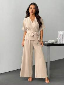 SHEIN PETITE 女士休闲优雅通勤V领收腰宽松衬衫上衣和弹力阔腿裤两件套西装，卡其色西装，适合春夏秋季，女士通勤套装，宽松休闲西装，通勤，优雅，教师节，工作服，毕业，女士教师装，返校 - 卡其色 - 查看 3