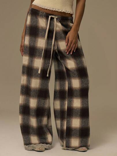 MUSERA 蕾丝边饰格纹阔腿裤，可爱街头风，适合节日、农舍、乡村、复古风格。