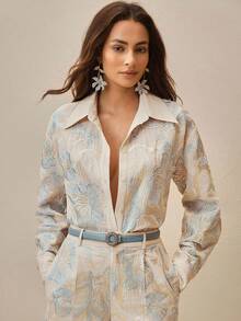 Anewsta Floral Embroidered Beaded Oversized Dropped Shoulder Long Sleeve Shirt - Baby Blue - View 3