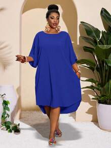 Slaydiva 2025 Novo Conjunto Rave/Páscoa Mulheres, Estilo Old Money Mulheres, Conjunto de Concerto Country, Conjuntos para Sair, Fairycore, Conjuntos de Festival, Roupas de Férias Tropicais Mulheres, Conjuntos de Verão para Mulheres, Verão, Rave, Verão Europeu, Conjuntos de Primavera, Vestuário Ocidental Mulheres Plus, Concerto, Conjunto de Formatura, Versátil Diário Simples Casual Básico Sexy/Minimalista Plus Size, Vestuário Ocidental Mulheres Plus, Vestido Curto de Manga Curta Cor Sólida Casual - Azul - Visão 3