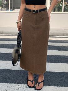 DAZY Casual Straight Cut Women's Denim Skirt Jean Skirt Mid Length - Brown - View 3