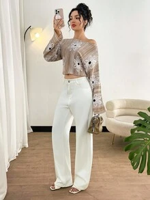 Modelyn Asymmetrical Color Block Floral Knit Pullover Sweater, Loose Casual Women Autumn/Winter - Camel - View 7
