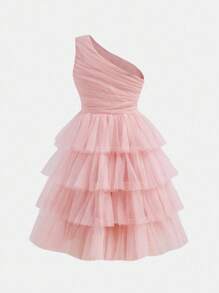 SHEIN Girlism Tween Girl 优雅粉色闪光网眼荷叶边不对称肩部连衣裙 - 彩色 - 查看 7