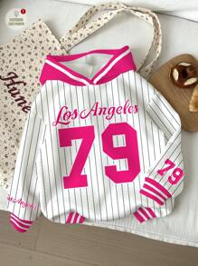 SHEIN Leap Crew 少女休闲运动衫，“洛杉矶”79号图案印花，粉色条纹宽松舒适长袖卫衣，适合秋冬季节穿着。 - 彩色 - 查看 1