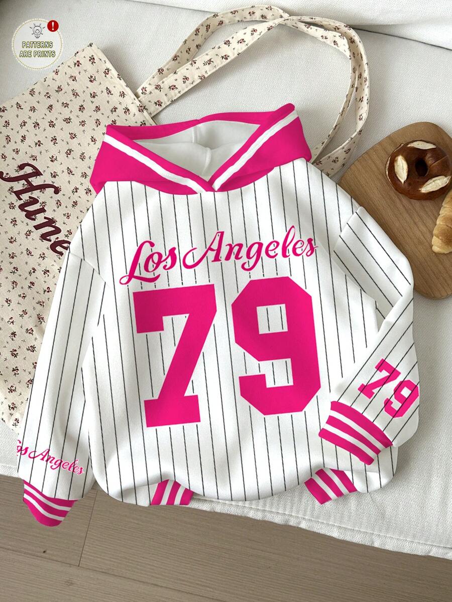 SHEIN Leap Crew 少女休闲运动衫,“洛杉矶”79号图案印花,粉色条纹宽松舒适长袖卫衣,适合秋冬季节穿着。 - 彩色 - 查看 1