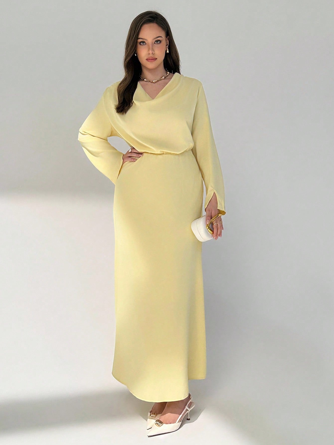 Auralis فستان نسائي أنيق بياقة منخفضة وأكمام طويلة...