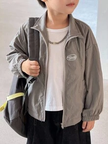 SHEIN Little Byeori Young Boy Casual Letter Print Front Zip Jacket Boys Zip Up Jacket Kids Zip Up Jacket Boys Summer Jacket Kids Summer Jacket Boy Jacket,In Fall/Winter - Grey - View 2