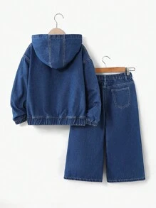 Denimly Boys' Casual Daily Urban Street Personalized Hoodie, Elastic Waist Zipper Closure, Comfortable Washed Denim Loose Fit Jeans Two Pieces Set - Medium Wash - View 2