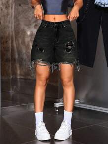 SHEIN Tall Pantalones cortos de mezclilla con dobladillo deshilachado y desgastado, estilo callejero para mujeres - Negro - Ver 2