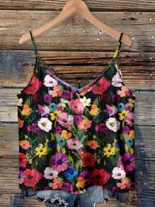 EMERY ROSE 加大码 V 领蕾丝拼布花卉印花吊带背心，优雅适合度假、约会、派对和时尚 - 彩色 - 查看 4