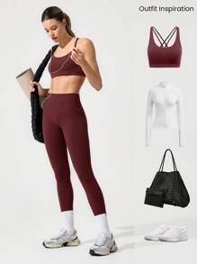 GLOWMODE 26英寸FeatherFit™ 保持经典无缝高腰粘合舒适后袋紧身裤低冲击瑜伽工作室日常穿着 - 酒紅色 - 查看 8