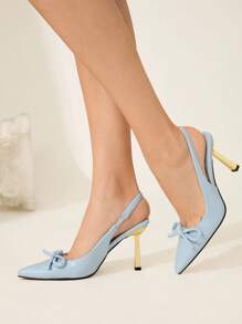 SHEIN X Belle Mariano CUCCOO CHICEST 女士高跟鞋，蝴蝶结装饰，酒红色，适合上班穿，洛丽塔风格 - 藍色 - 查看 2