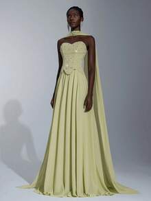 Elitara 优雅奢华手工水钻装饰露肩荷叶边性感弹力针织拼布雪纺长裙，适合婚礼、派对、单身活动、度假、舞会、晚礼服 - 草綠色 - 查看 5