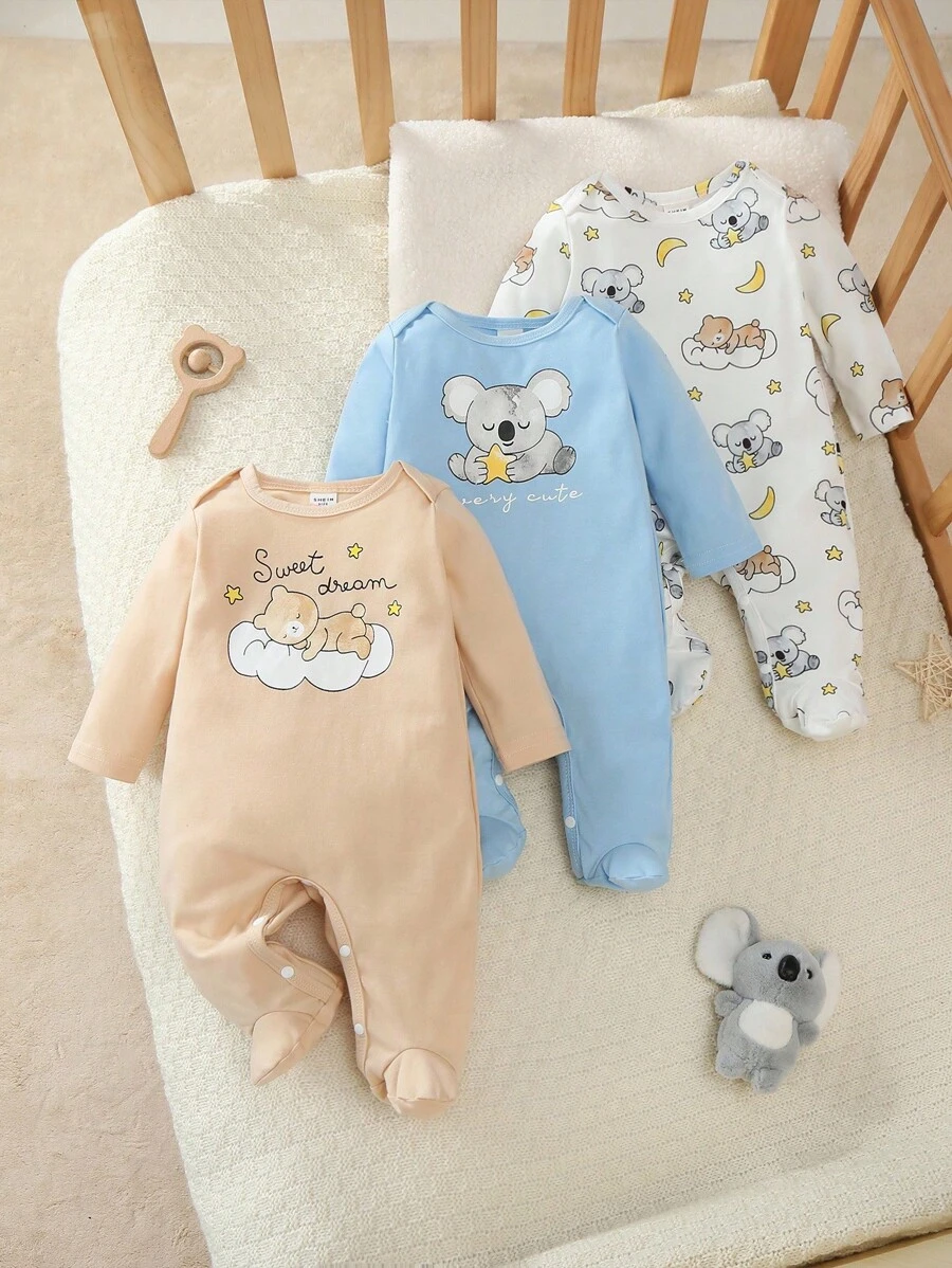 3pcs Newborn Long Sleeve Footie Pajamas Set, Cute Animal Print Homewear Baby Koala Clothes Newborn Cotton Clothes Newborn Unisex Clothes Fall Winter - Multicolor - View 1