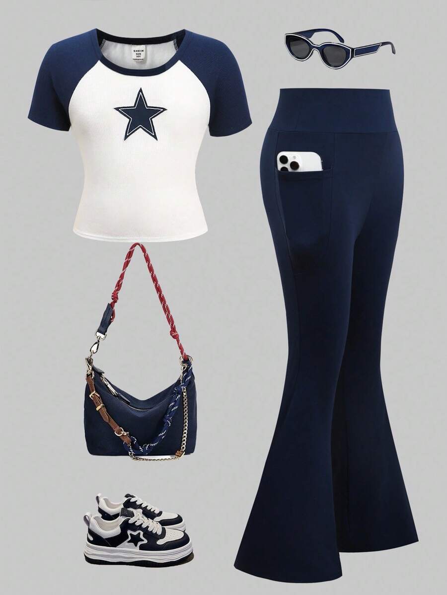 SHEIN Girlism Tween-Mädchen Lässiges Schul-Street-Chic-Outfit mit Pentagramm-Herz-Print, Farbblock, Raglanärmeln, kurzärmligem T-Shirt-Oberteil mit Handytasche und enganliegender Strickhose mit ausgestelltem Bein, Marineblau