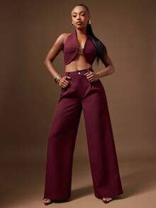 Denimoi Open Front Cropped Halter Top With Gold Hardware Detail, Date Night GNO Dinner - Burgundy - View 3