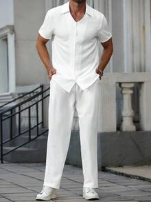 Manfinity Homme Conjunto Casual Masculino de Camisa de Manga Curta de Cor Sólida e Calça, Modelo Paletó Simples - Branco - Visão 3