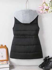 SHEIN Áo khoác mùa đông không tay có mũ trùm đầu màu tương phản, cạp rút thoải mái cho bé gái tuổi mới lớn - Nhiều màu - Xem 2