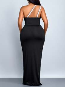 SHEIN PETITE CURVE 春秋女装小短款派对聚会优雅通勤婚礼黑色V领无袖不对称露肩银色亮片吊带腰部交叉下摆前中开衩针织露背大码长裙 - 黑色 - 查看 2