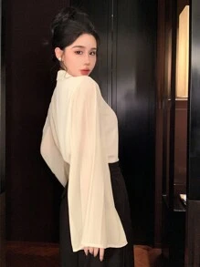 DAZY Women's Autumn Patchwork Loose Pleated Ruffle Sleeve Blouse Long Sleeve Top - Apricot - View 2