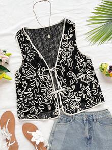 Soleia Plus Size Women Green Knitted Jacquard White Embroidered V-Neck Open Front Tie-Waist Sleeveless Vest Cardigan