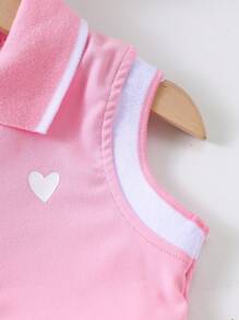 Genkimix Kids 2pcs/Set Girls Heart Print Polo Collar Sleeveless Top And Pleated Skirt With Ribbon Trim, School Style For Summer & Back To School