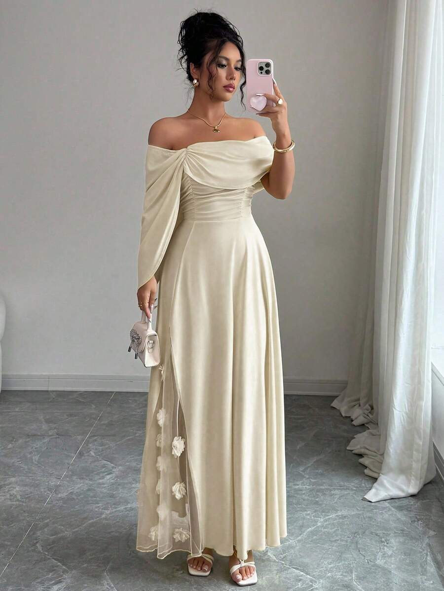 Elenzga 女式新款优雅3D花卉腰部收腰长裙 - 杏色 - 查看 1