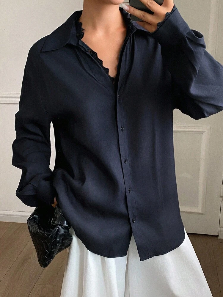 Women's Solid Color Loose Long Sleeve Contrast Lace Casual Elegant Blouse, Autumn/Winter