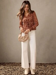 Wildy Blusas elegantes para mujer con estampado de gasa marrón, blusas con cuello en V y cinturón de color borgoña, blusas con estampado de leopardo, blusas rojas, blusas elegantes para fiestas, graduaciones y eventos sociales de manga larga