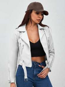 EURMUSE Women'S Asymmetric Collar Zipper Front Belted Jacket - White - View 6