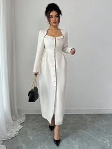 Elenzga Váy vải tuýt trắng thanh lịch kiểu Pháp, cổ vuông viền tương phản, thiết kế nút ngọc trai, phong cách lãng mạn nhẹ nhàng cho nữ - trắng - Xem 6