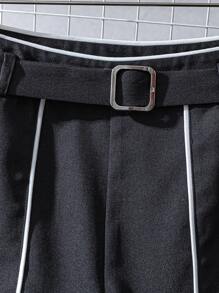 Franclia 女士撞色条纹极简休闲裤，夏季假日阳光之旅度假风，适合大学秋季穿着。 - 黑色 - 查看 4