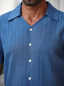 Manfinity Homme 男士纯色短袖衬衫和长裤套装男士 2 件套装两件男士套装蓝色男士夏季裤子套装男士蓝色套装男士夏季套装。送给男朋友或丈夫的绝佳礼物。