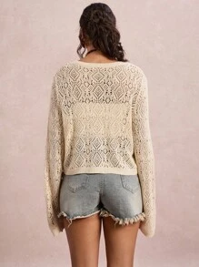 Freevana 大码女式纯色镂空长袖单排扣针织开衫 - 杏色 - 查看 2