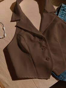 SHEIN EZwear Brown Woven Halter Neck Women's Blazer In Fall/Winter - Brown - View 7