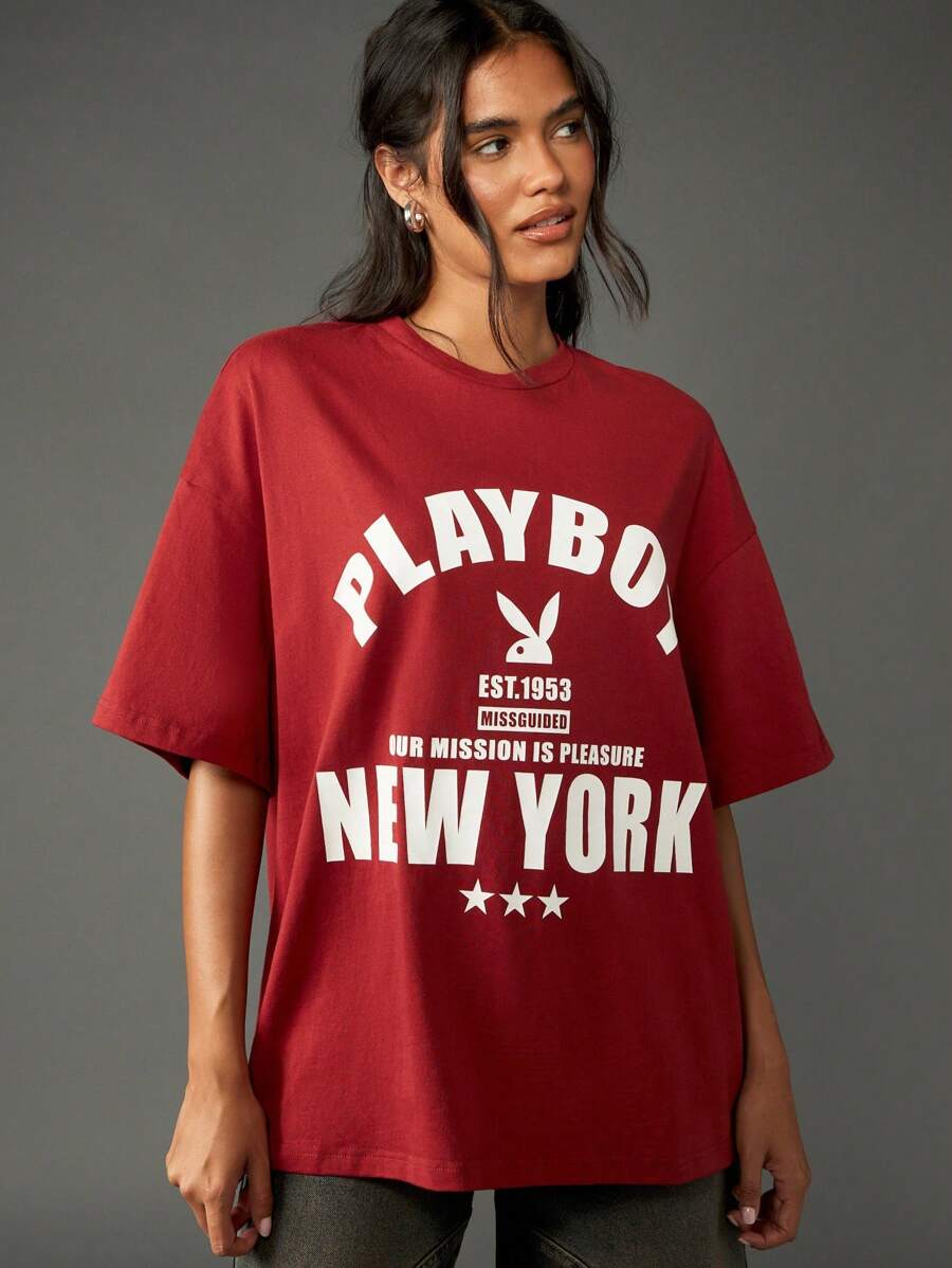 Missguided x Playboy Oversized Vintage Style Cotton Graphic Tee With Aesthetic Print Design Statement T Shirt Streetwear Urban Fashion Retro Aesthetic Club Party Festival Essential