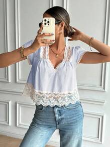 Serisse Áo cánh hở lưng cổ chữ V phối ren kẻ sọc dành cho nữ - Màu xanh lam - Xem 2