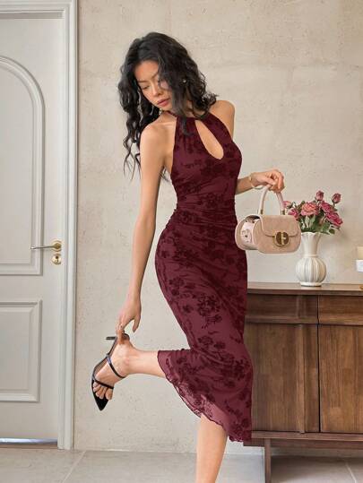 EastFlair Vestido midi con estampado floral elegante de malla con espalda descubierta, sexy y entallado para mujer