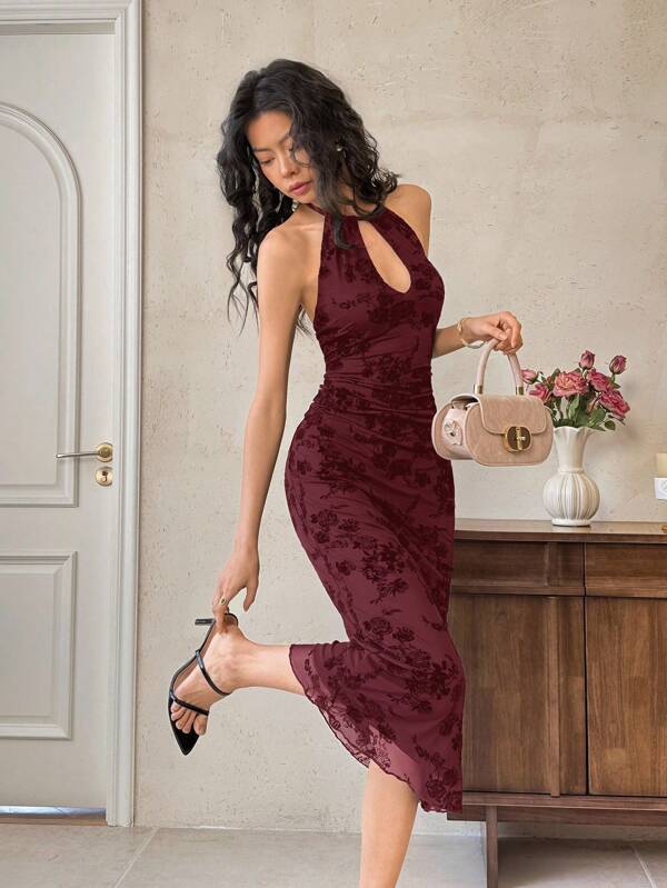 EastFlair Women's Elegant Floral Print Mesh Backless Midi Dress, Sexy & Fitted Winery Dresses For Women Wine Dress   Dress For Wedding Guest   , Wedding Guest Dress Elegant  Wedding Guest Dress Women   Fall Clothes For Women  Christmas Women's Clothing