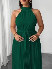Elenzga Váy dự tiệc cưới thanh lịch lãng mạn cỡ lớn dành cho nữ, cổ yếm, thắt eo, xếp ly - Màu xanh lá cây đậm - Xem 4