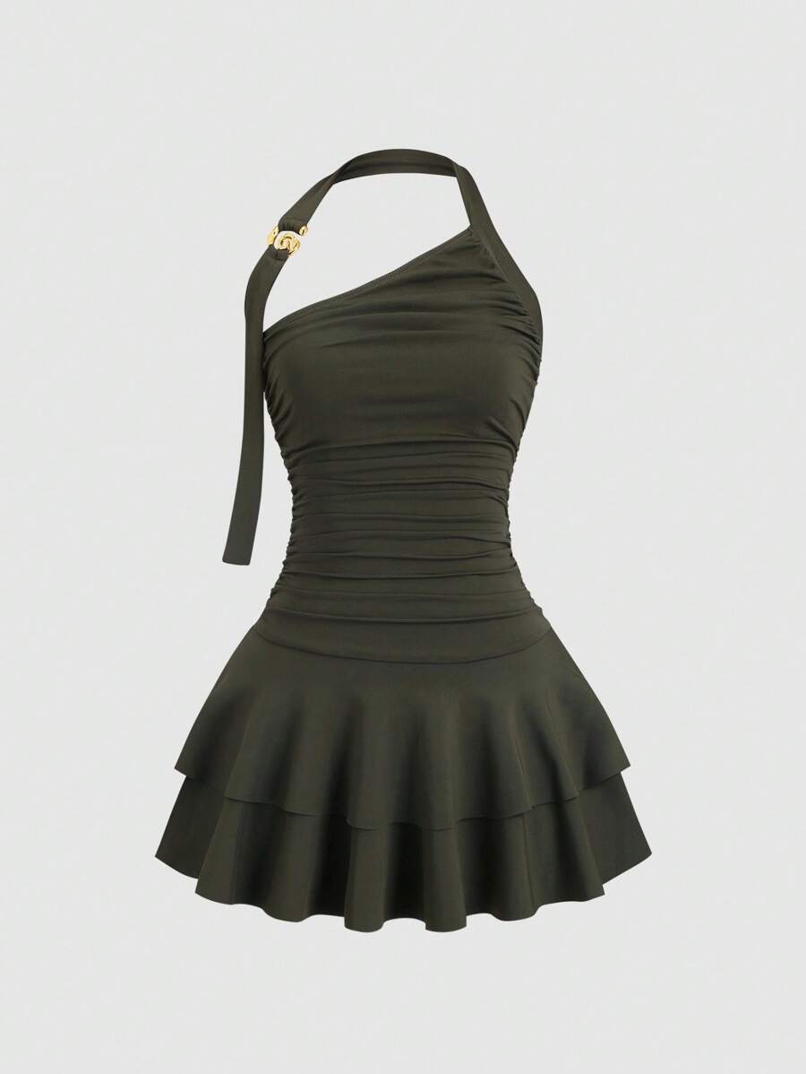 Sweetra Nuevo estilo de vestido corto para mujer con diseño de joyas en espiral de cuello de halter, cintura y falda campana con dobladillo de tarta - Verde militar - Ver 1