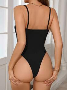 INAWLY Plus Size Solid Color Spaghetti Strap Front Tie Casual Bodysuit - Black - View 2