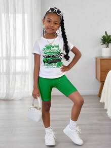 SHEIN Bộ 2 áo thun tay ngắn cổ tròn in chữ thường ngày và quần short đạp xe cho bé gái - Nhiều màu - Xem 1
