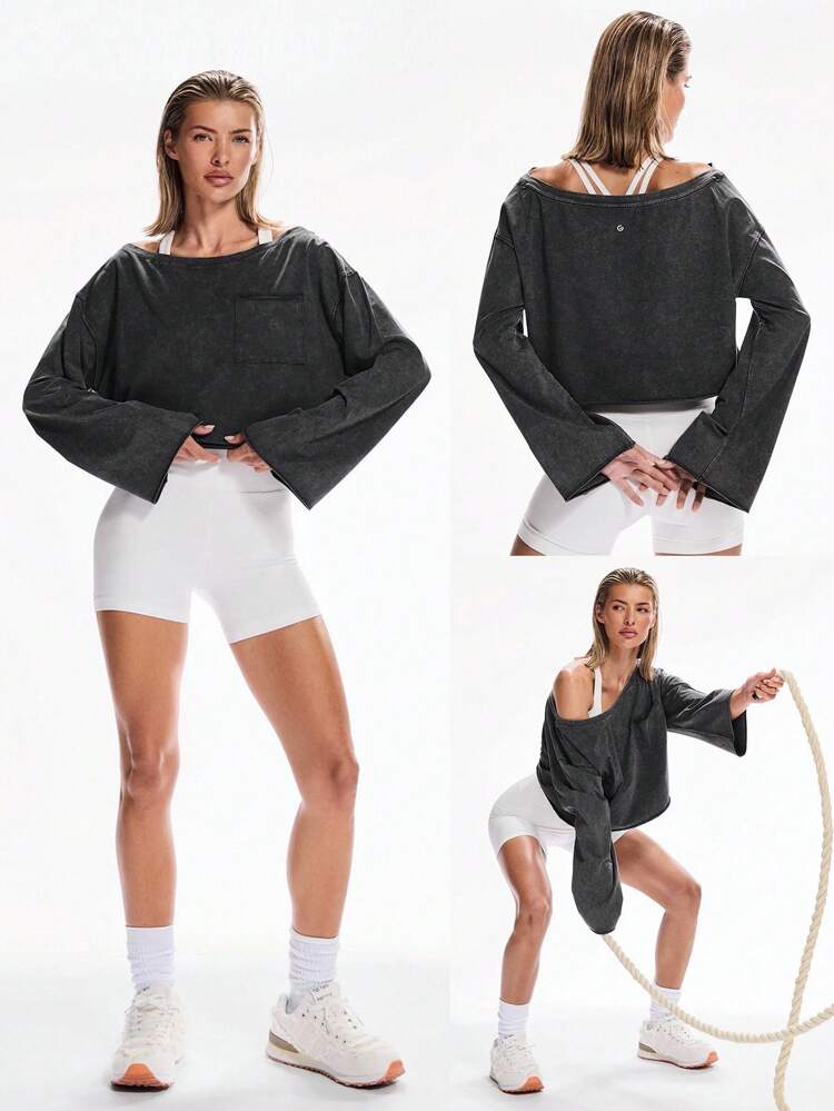 Washed Pima Cotton Glow And Go Soft Breathable Curled Hem Cuffs Pockets Cropped Length Long-Sleeve Top Daily Casual Wear