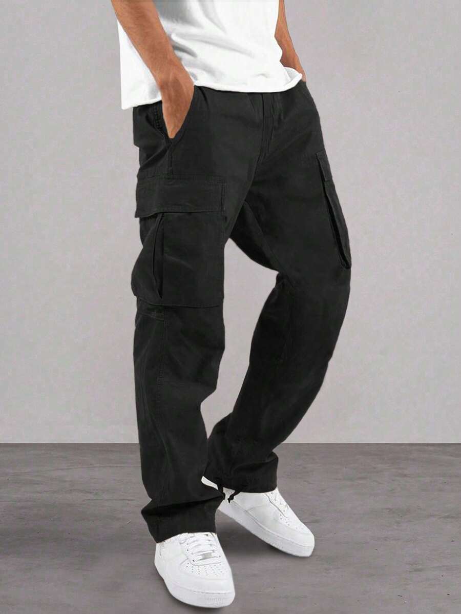 Manfinity Homme Pantalones cargo con bolsillo con solapa y cintura con cordón, otoño - Negro - Ver 1