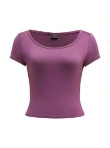 SHEIN EZwear Lässiges, minimalistisches dunkelviolettes Raglanshirt mit rundem Ausschnitt für Damen, geeignet für den Sommer