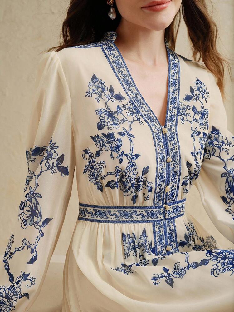 Vestido largo con cuello alto, manga larga, botones delanteros y estampado floral de porcelana vintage elegante para mujeres
